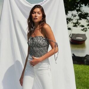 Free People Bardot Balconette Floral Ruffle Ruched Dainty Tie Strap Bodysuit Top